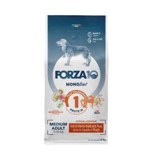 Forza10 Medium Diet with Horse & Peas - sausā barība suņiem 12kg Cena norādīta par 1 gb. un ir spēkā pasūtot 2 gb.